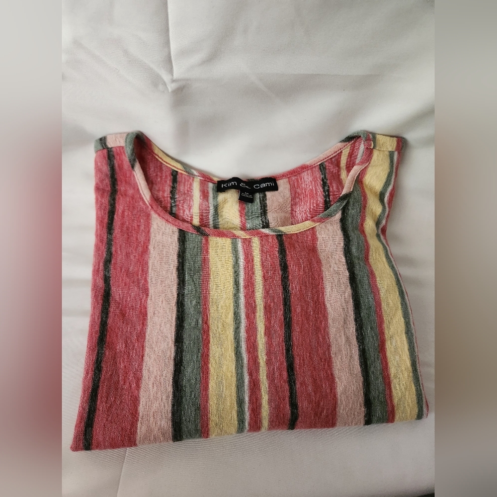 Kim & Cami Striped Short Sleeve Cuffed Top with Tie Front, Women's Medium